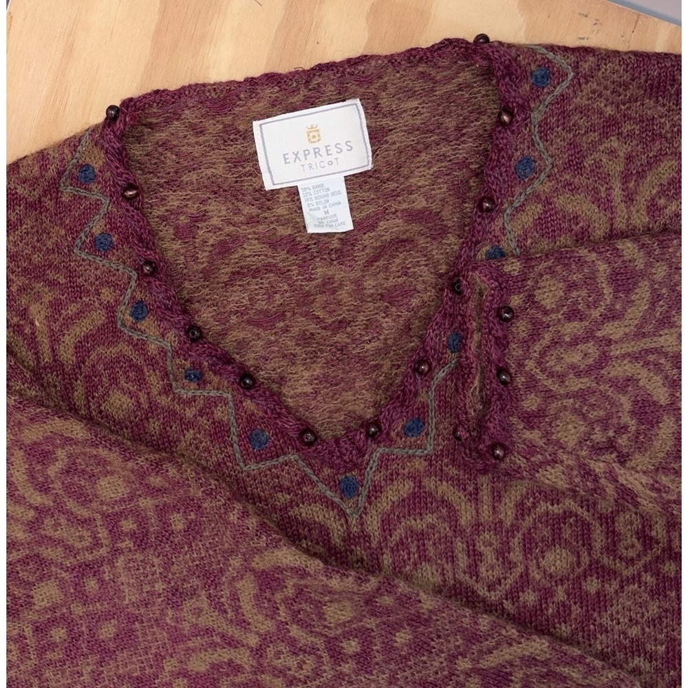 Express Tricot Mohair‎ Wool Maroon Tapestry Fringe Tunic Sweater Boho Medium VTG